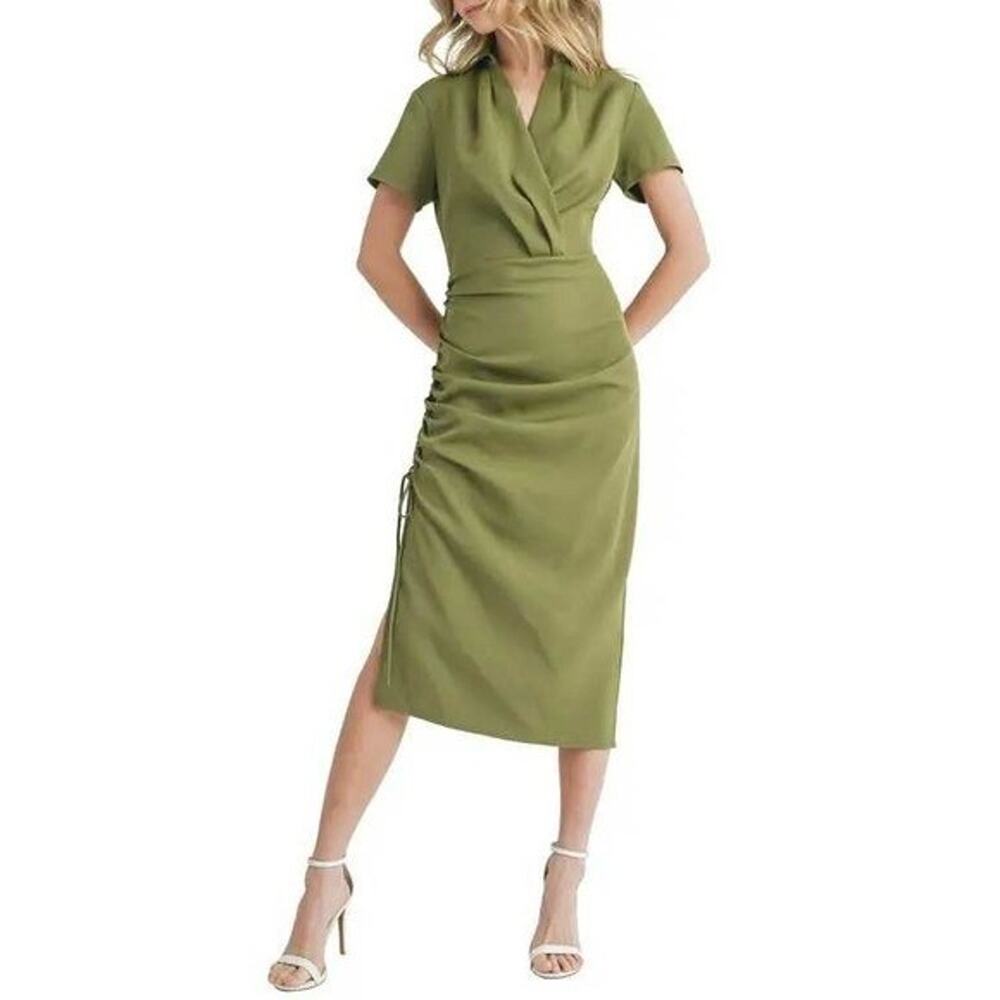 Mila Mae Wrap‎ Front Midi Dress Olive Green Size Large NWT